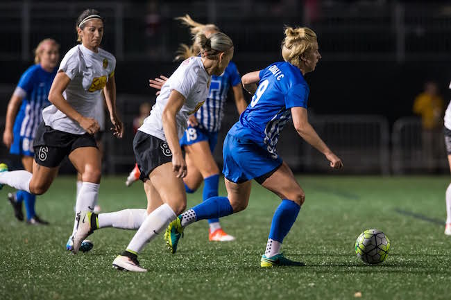 Allston, MA - Saturday Sept. 24, 2016: Alanna Kennedy, Natasha Dowie during a regular season National Women’s Soccer League (NWSL) match between the Boston Breakers and the Western New York Flash at Jordan Field.