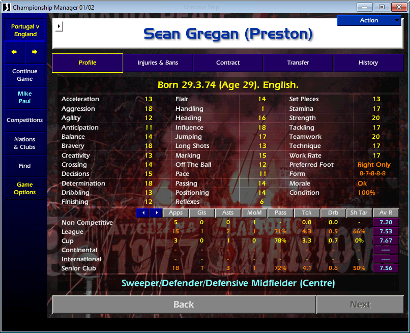 Sean Gregan, Championship Manager 01/02